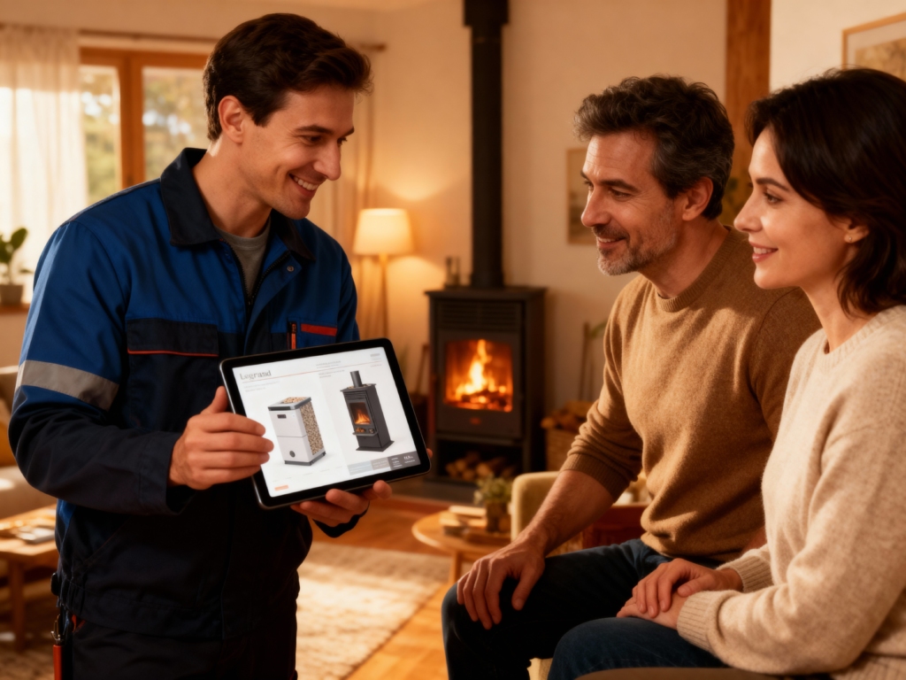 Homme montre un poêle sur tablette à couple souriant.