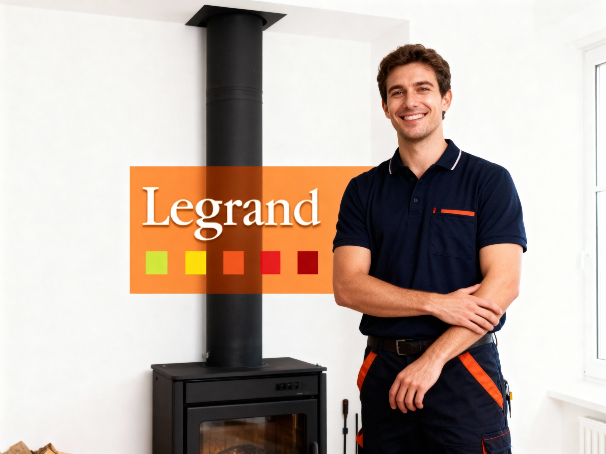 Ramoneur Expo Legrand souriant à côté d'un conduit de fumée à Ancenis