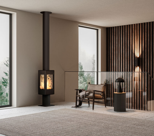 Salon moderne avec poêle à bois et fauteuil.